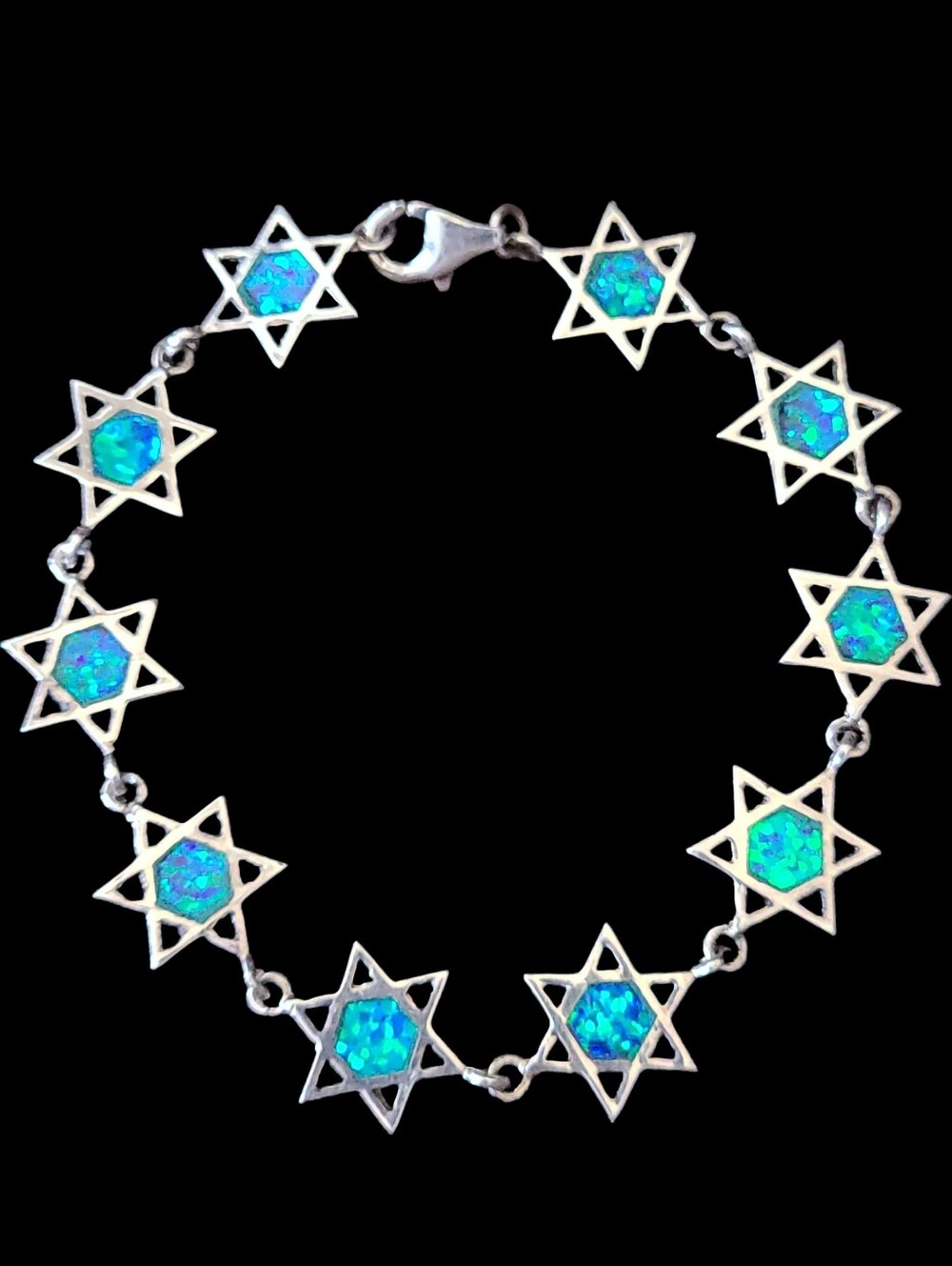 Sterling Silver Star of David Bracelet with Blue-Green Opal Inlay